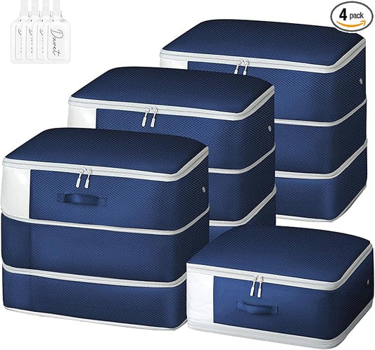 Comforter Storage Bag - Large Capacity Blanket Storage Bags 3-Layer Ultra Space Saving Self Compression Organizer, Washable Compression Bags for Storage Comforter Blanket, 4-Pack, Navy Blue
