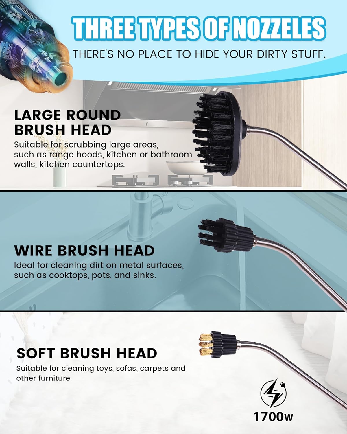 FoundGo 1700W Tankless Handheld Steam Cleaner with 7 Brushes 20s Heating to 239℉ Pressurized Portable Steam Cleaner, Cleaning Home/Kitchen/Car & More-Blue