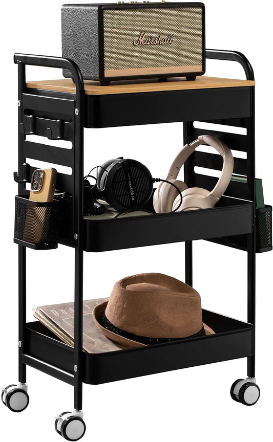 Art Cart with Tabletop & Pegboard - 3-Tier Rolling Utility Cart with Wheels, 2 Baskets & 6 Hooks - Metal Storage Organizer for Home, Office, Crafting & Kids’ Art Supplies (Black)