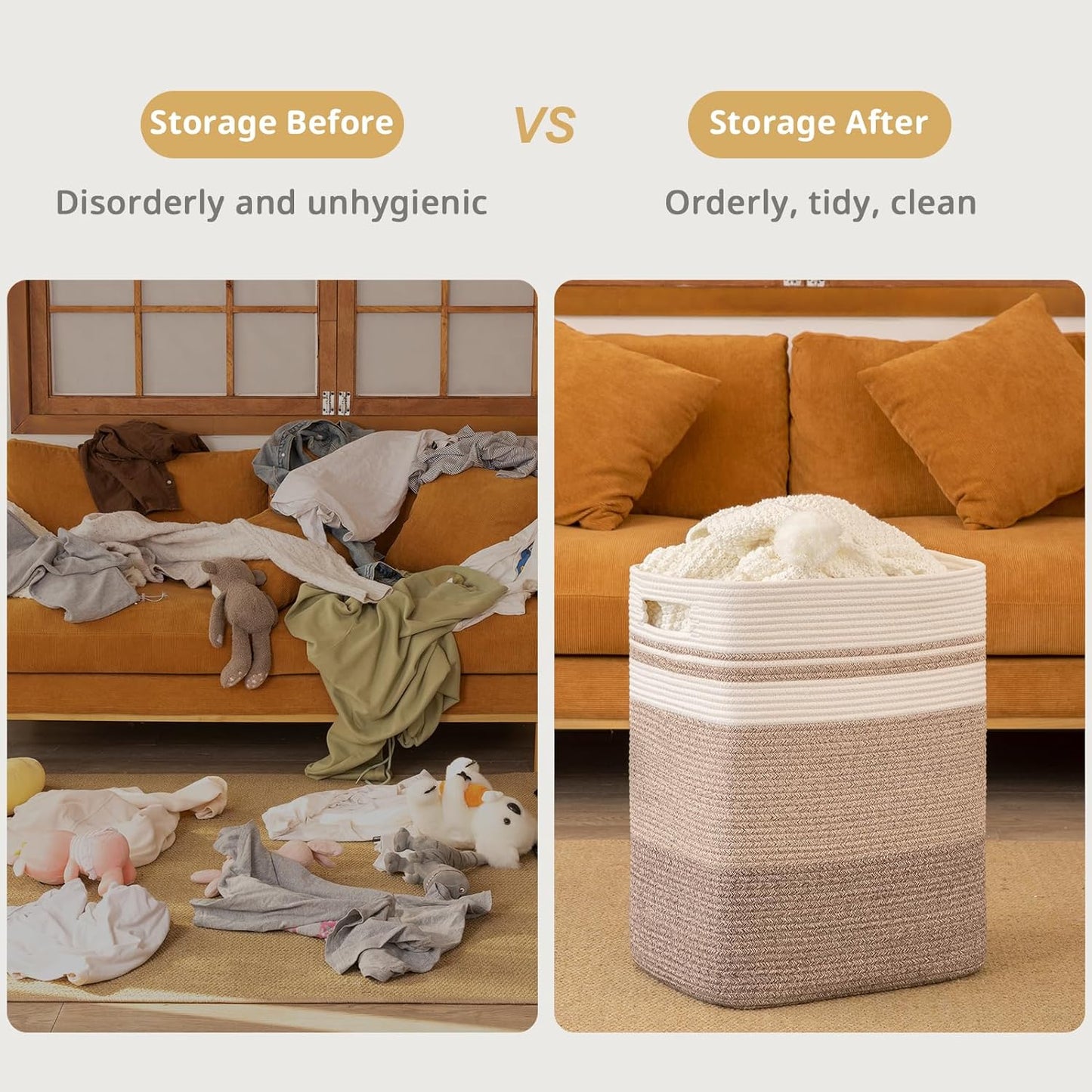 OIAHOMY Rectangle Laundry Basket, Large Laundry Hamper with Handles, Cotton Blanket Basket for Living room, Woven Decorative Storage Basket for Clothes,Pillows-16x13x22in-Gradient Yellow