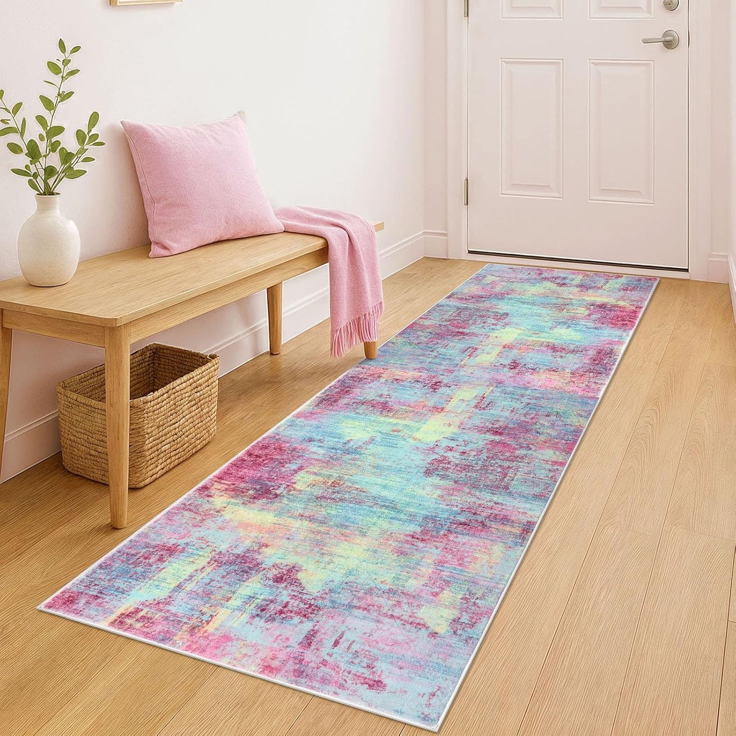 IOHOUZE Abstract Runner Rug 2x6 Ft Washable Runners for Hallways, Non Slip Kitchen Runner Printed Faux Wool Entryway Runner Indoor, Modern Abstract Floor Carpet for Hall Kitchen Bedroom, Pink Teal