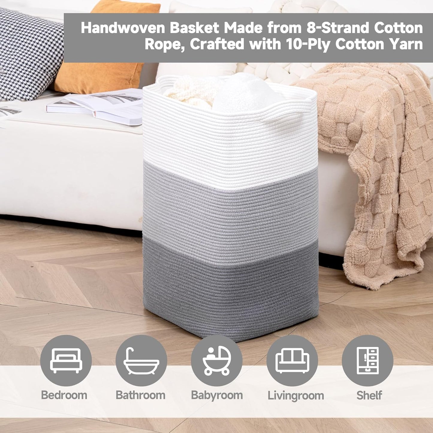 CLHMILY&Z 95L Laundry Basket Rectangular Grey Rope - 16x15x24 Inches - Dirty Clothes and Soft Storage Bin for Blankets, Toys, and Nursery Essentials