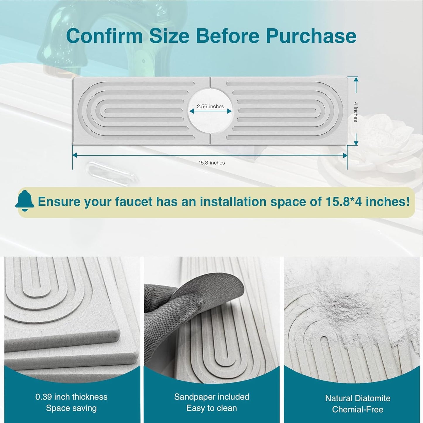 Bar Soap Holder, Diatomite Quick Drying Tray, Kitchen Drying Mat, Faucet Splash Guard for Bathroom Counter, Faucet Mat, Bathroom Tray, Drying Mat, Bathroom Decor (WHITE, 15.8 * 4")