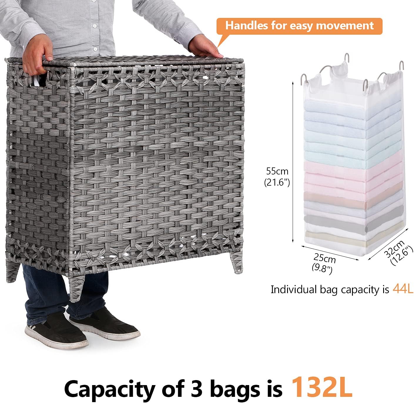 Laundry Hamper with 3 Removable Liner Bags; 132L Handwoven Rattan Laundry Basket with Lid & Heightened Feet; Clothes Hamper with Side Handles; Laundry Sorter with 3 Separate Sections (Gray)
