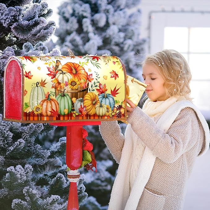 Fall Pumpkins Mailbox Cover Magnetic Large Size 25.5x21inch Autumn Maple Leaves Floral Mailbox Wrap Thanksgiving Watercolor Pumpkin Harvest Post Letter Box Covers for Home Garden Yard Outdoor Decor