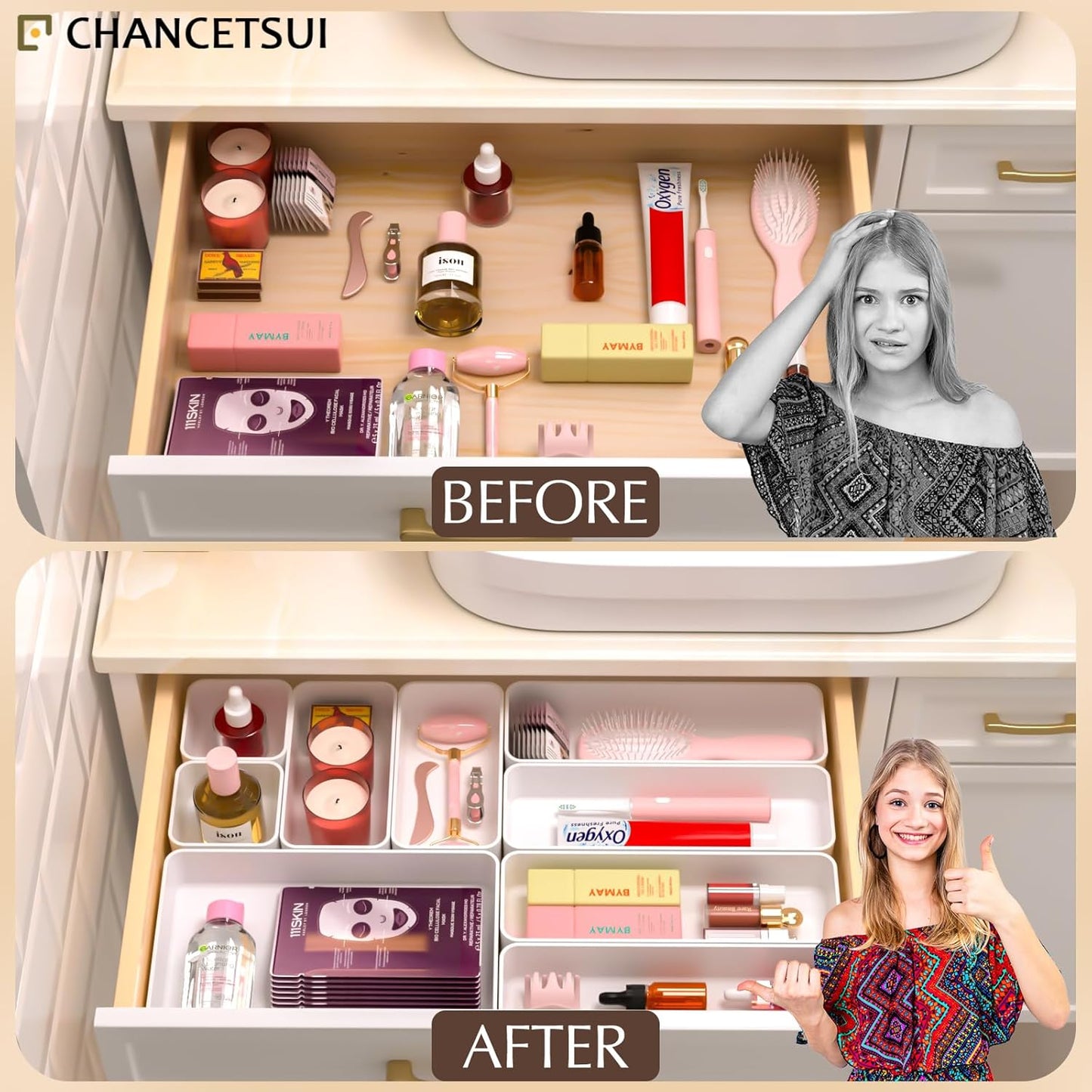 9 Pcs Stackable Drawer Organizer Trays Set, Multifunctional Stackable Storage Trays for Vanity, Bathroom, Kitchen, Desk Drawer Organizer Office. Plastic Drawer Organizers Available In 5 Colours, White