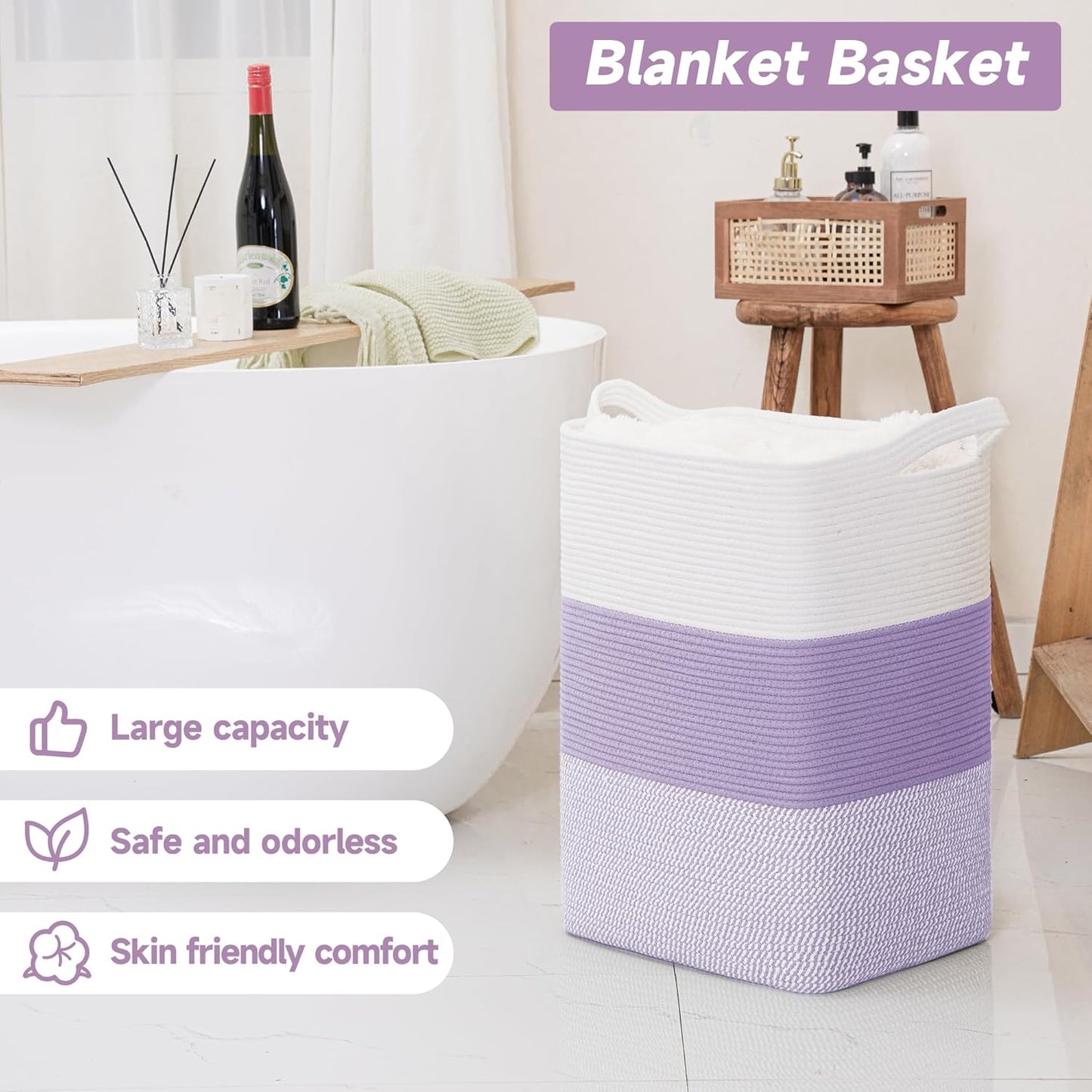 CLHMILY&Z 95L Laundry Basket Rectangular Lavender Rope - 16x15x24 Inches - Dirty Clothes and Soft Storage Bin for Blankets, Toys, and Nursery Essentials