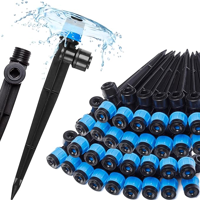 Carpathen 30pcs Drip Irrigation Emitters - 1/4" Drip Irrigation System Push-to-Connect - Adjustable 360 Degree Drip Emitters Vortex on 6" Sturdy Stake - Irrigation Drippers for Garden Watering System
