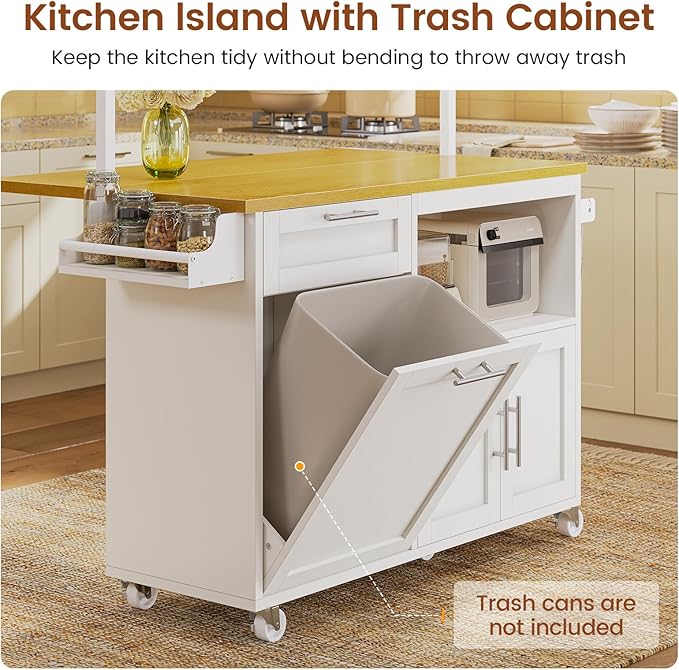 Itaar Rolling Kitchen Island Table on Wheels with Drop Leaf, 40" Mobile Kitchen Carts with Trash can Storage, Storage Cabinet, Drawer, Spice/Towel Rack, White