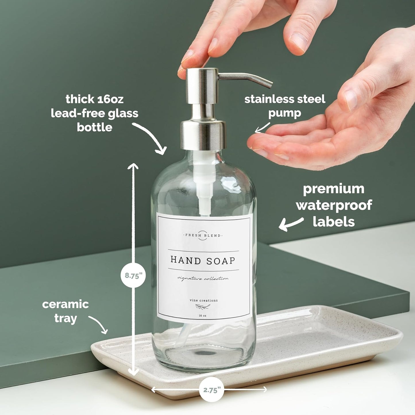 Vine Creations Glass Soap Dispenser, 2 Pack Kitchen Soap Dispenser Set with Ceramic Tray, Stainless Steel Pump, Dish Soap Dispenser for Kitchen, Hand Soap Dispenser Bathroom with Waterproof Labels