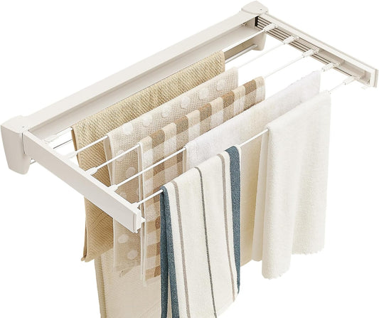 JOOM Laundry Drying Rack Collapsible, Wall Mounted Drying Rack, Clothes Drying Rack, Retractable Drying Racks, 27.5" Wide, 5 Aluminum Rods with Hooks, 60 lb Capacity (White 27.5" with Hooks)