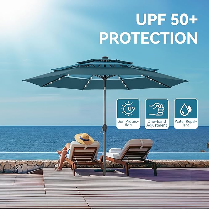 GREEN PARTY 10ft Outdoor Patio Umbrella, Auto-Tilt Market Table Umbrellas with Crank, 8 Sturdy Ribs & 1.5" Pole UV Protection for Garden Deck Backyard Pool