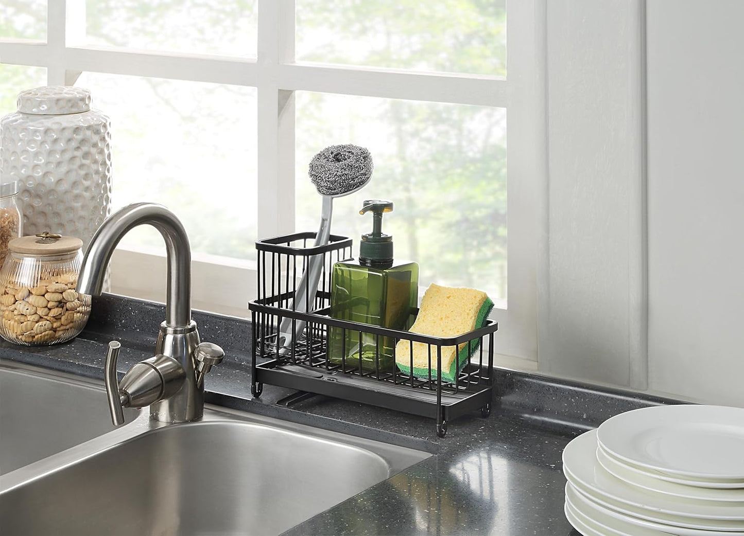 SunnyPoint Never Rust Stainless Utensil, Sink Cleaning Tools Holder for Kitchen Sink With Drain Board; Dish Wand, Sponge, Soap Dispenser, Utensil Organizer Caddy (BLK)