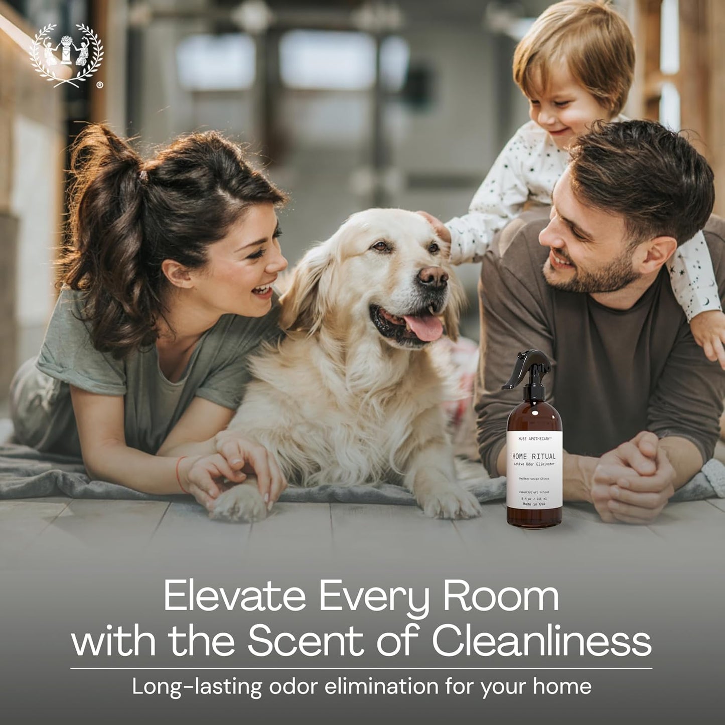 Muse Apothecary Home Ritual Active Odor Eliminator Spray - Furniture Deodorizer Spray & Bathroom Odor Eliminator for Home - Essential Oil Air Freshener - 4oz, Mediterranean Citrus, 2 Pack