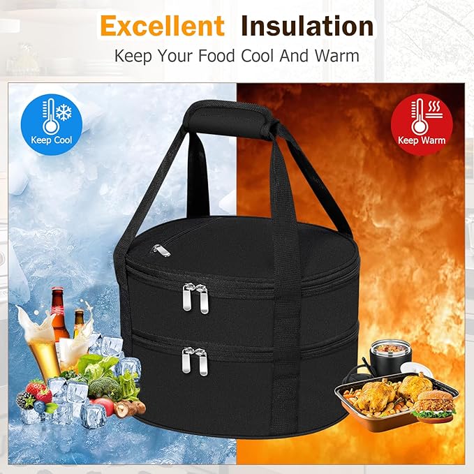 Round Double Insulated Casserole Carrier, Pie Carrier Bag, Portable Casserole Carrier for Hot or Cold Food Lunch Tote, Lunch Bag for Parties Picnic, Fits 12.5" Baking Dish, Black