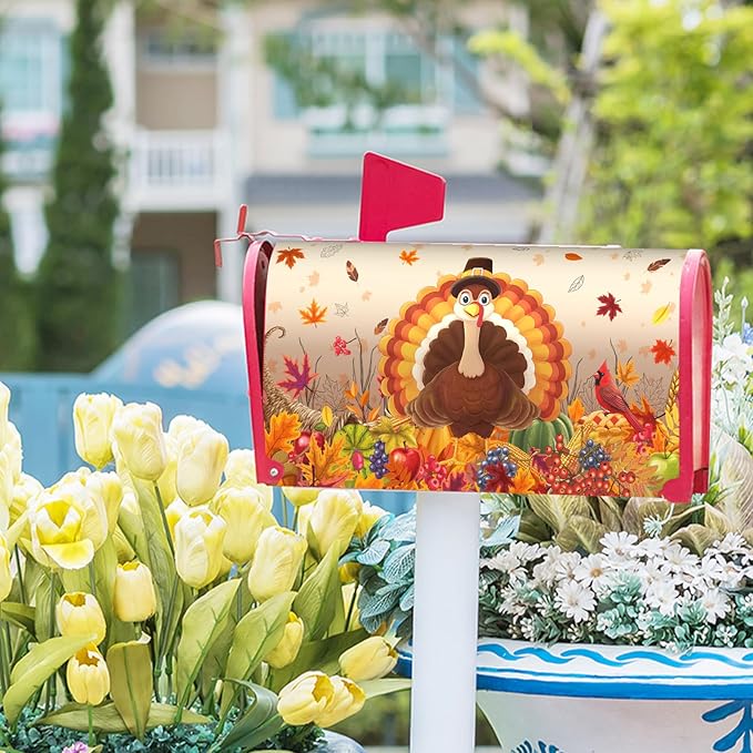 Thanksgiving Turkey Mailbox Covers Magnetic Standard Size 21" X 18" Fall Harvest Fruit Letter Post Wraps Cardinal Maple Leaves Decorative Holiday Postbox Covers for Home Outdoor Garden Yard