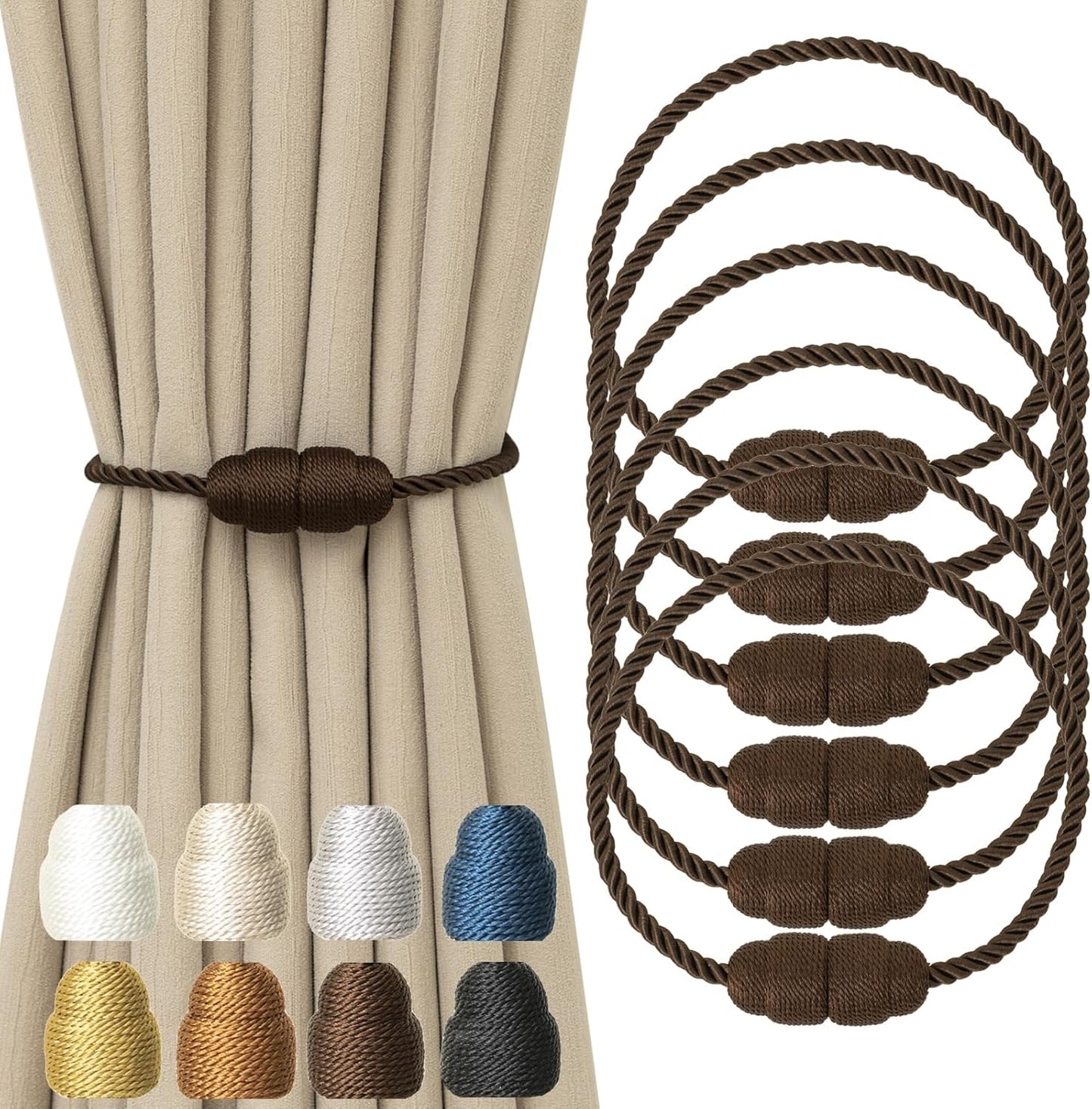 Magnetic Curtain Tiebacks Rope Curtain Tie Backs for Curtains 6 Pack Curtain Holders for Drapes Decorative Window Curtain Holdbacks, Coffee