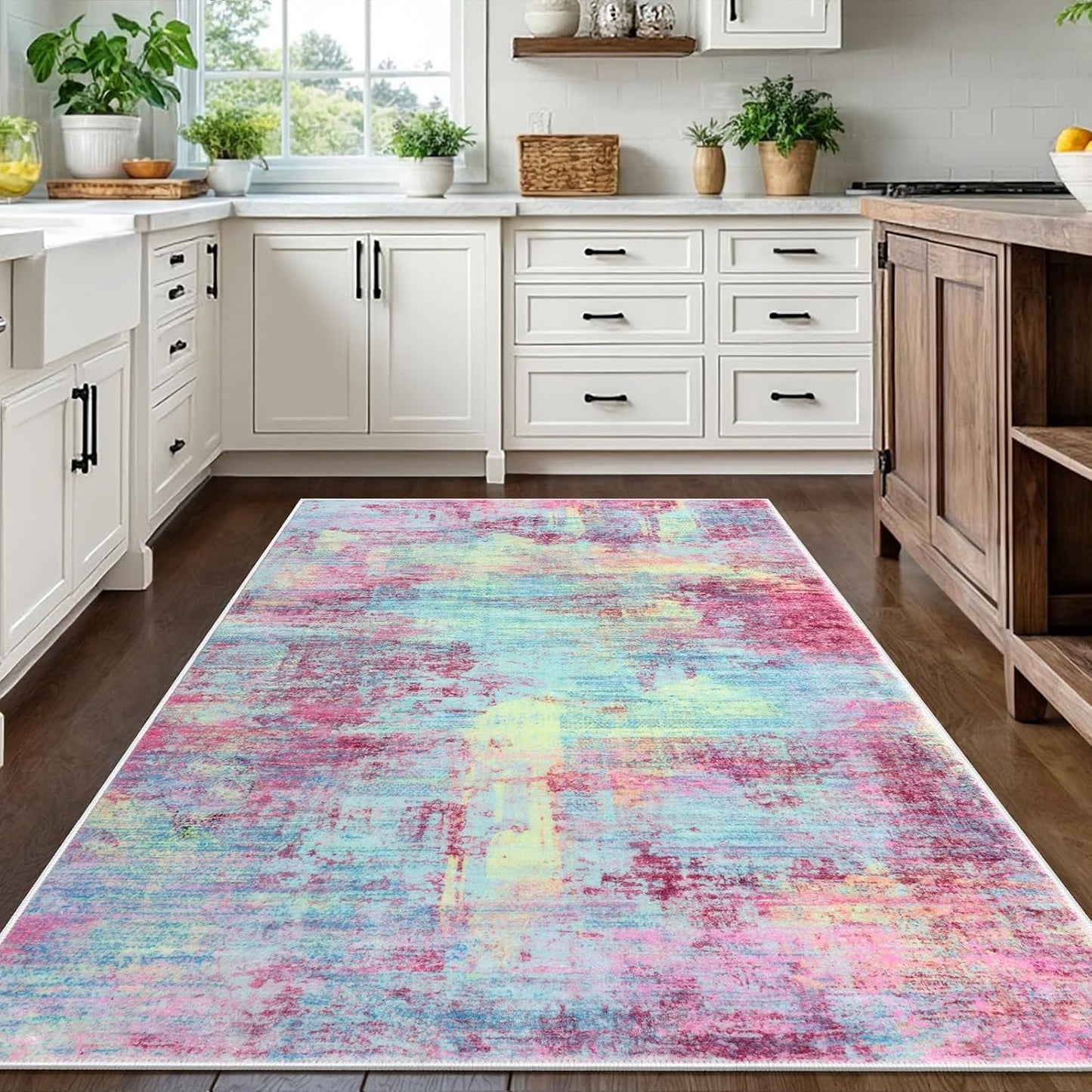 IOHOUZE Abstract Area Rugs 5x7 Ft Washable Rugs for Living Room, Non Slip Dining Room Rug, Printed Faux Wool Rugs for Bedroom, Floor Carpet for Office Nursery Playroom, Pink Teal