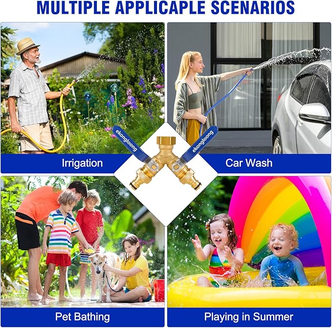 Brass Hose Splitter 2 Way Heavy Duty with Long Handle Switch, Y-Way Water Faucet with 3/4" GHT Thread, Heavy Duty Hose Connector for Lawn Irrigation/Outdoor Sprinkler System(With Nipple‌)