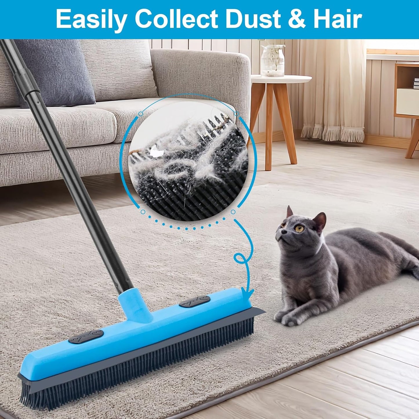 KeFanta Rubber Broom Carpet Rake for Pet Hair Removal, 51" Long Handle Fur Remover Broom with Squeegee, Pet Hair Broom for Carpet, Hardwood Floor, Tile
