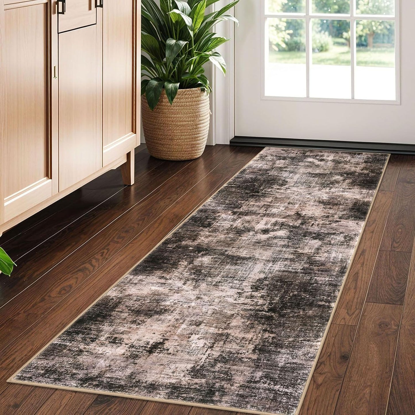 IOHOUZE Abstract Runner Rug 2x5 Ft Washable Runners for Hallways, Non Slip Kitchen Runner Printed Faux Wool Entryway Runner Indoor, Modern Abstract Floor Carpet for Hall Kitchen Bedroom, Brown/Rust