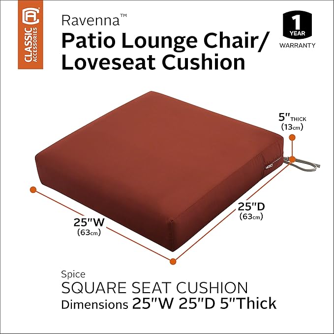 Classic Accessories Ravenna Water-Resistant 25 x 25 x 5 Inch Square Patio Seat Cushion Slip Cover & Foam, Spice, Lounge Chair Cushion