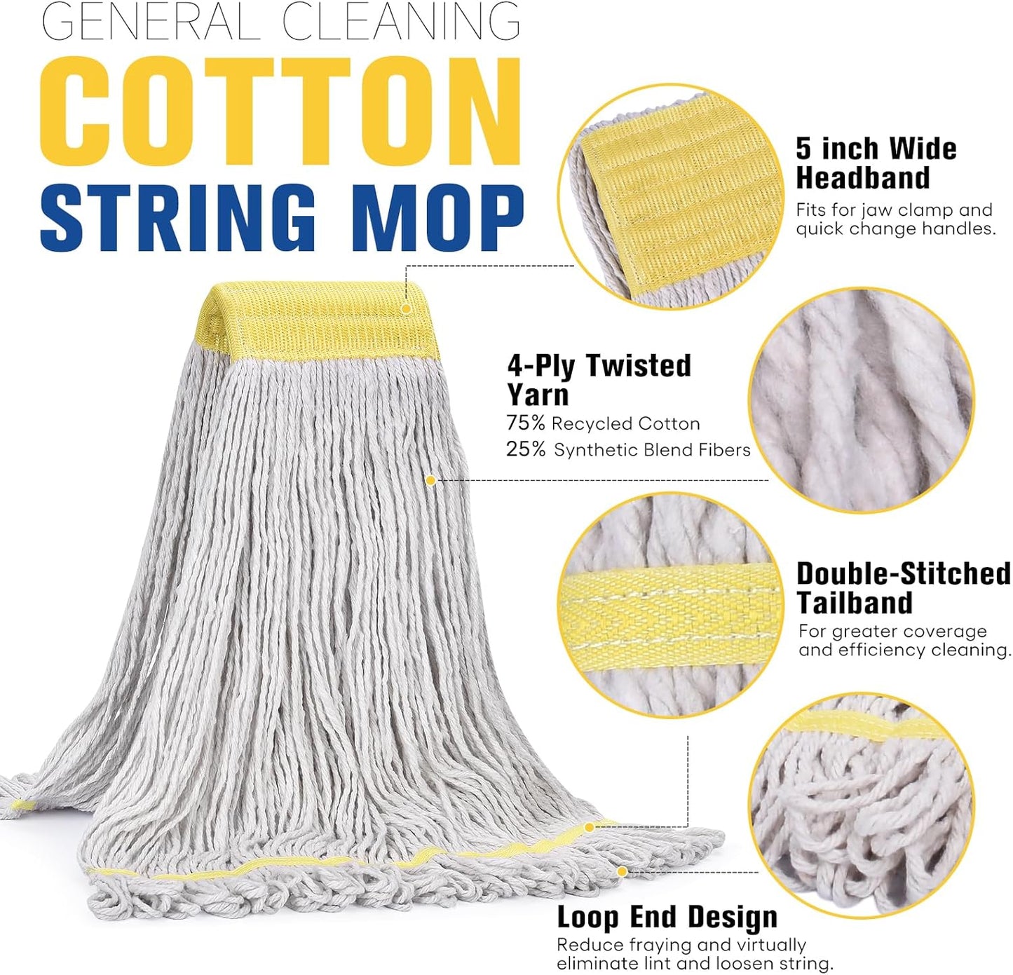 Matthew Cleaning Commercial Mop Head Replacement, 5 Inch Wide Headband, Looped End Cotton Blend String Wet Mops for Floor Cleaning, 24 oz Large, 1-Pack White