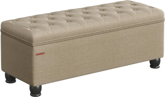 SONGMICS Storage Ottoman, Storage Bench, Tufted Entryway Bedroom Bench, 17.7 x 46.5 x 17.7 Inches, Hinges Easy Lid Operation, Wooden Legs, Linen-Look Cover, Loads 330 lb, Camel Brown ULOM070K01
