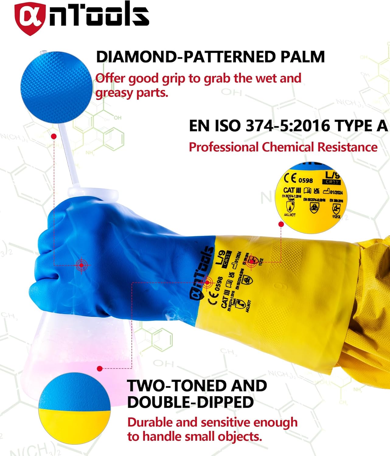 2 Pairs Neoprene and Rubber Blend Heavy-Duty Chemical Gloves, Protective industrial gloves for Resist Acid, Alkali, Hazmat, cleaning, dishwashing, X-Large