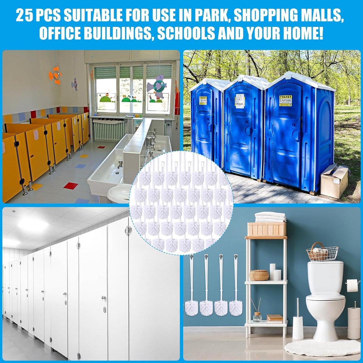 Mimorou 25 Pcs White Toilet Brush, Bathroom Toilet Bowl Brush, Soft Bristle Long Handle Plastic Toilet Scrubber for Bathroom