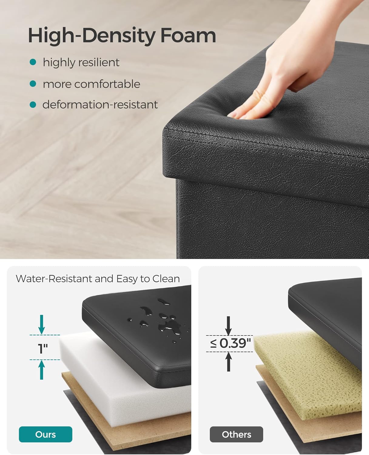 SONGMICS MAZIE Collection - 15 Inches Ottoman with Storage, Footstool, Storage Ottoman, Load 660 lb, for Dorm, Living Room, Bedroom, Synthetic Leather, Black ULSF101