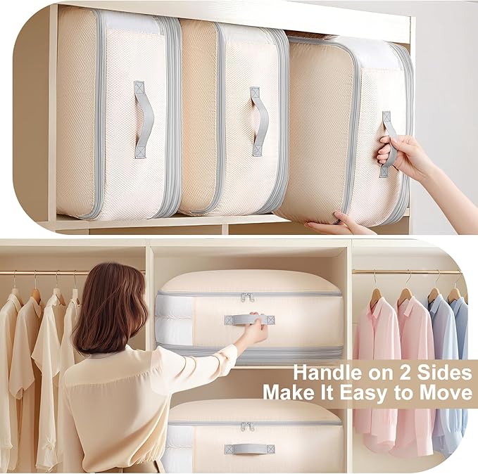 Comforter Storage Bag - 130L Large Capacity Blanket Storage Bags 4-Layer Ultra Space Saving Self Compression Organizer, Washable Compression Bags for Storage Comforter Blanket, 4-Pack, Beige