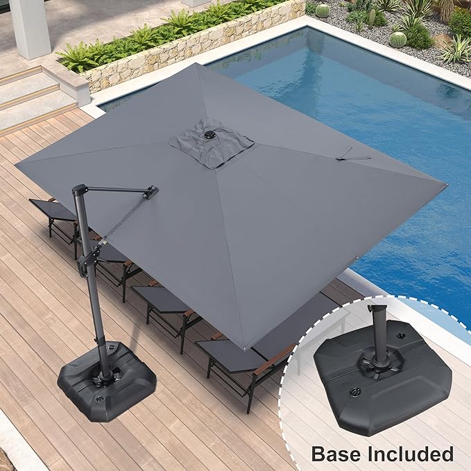 PURPLE LEAF 9' X 11.5' Patio Umbrella with Base Rectangle Cantilever Umbrella Outdoor Offset Umbrella with 360-degree Rotation for Garden Deck Pool Patio Light Grey