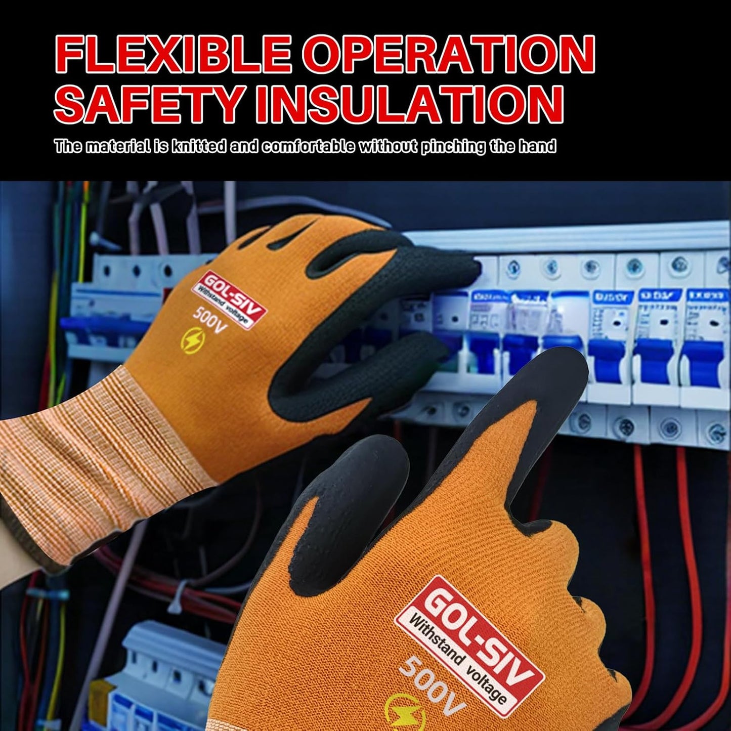 Electrical Insulated Gloves, 500V High Voltage Resistance Electrician Safety Gloves, Rubber Non Slip Work Gloves (500V|nylon insulated, Large)