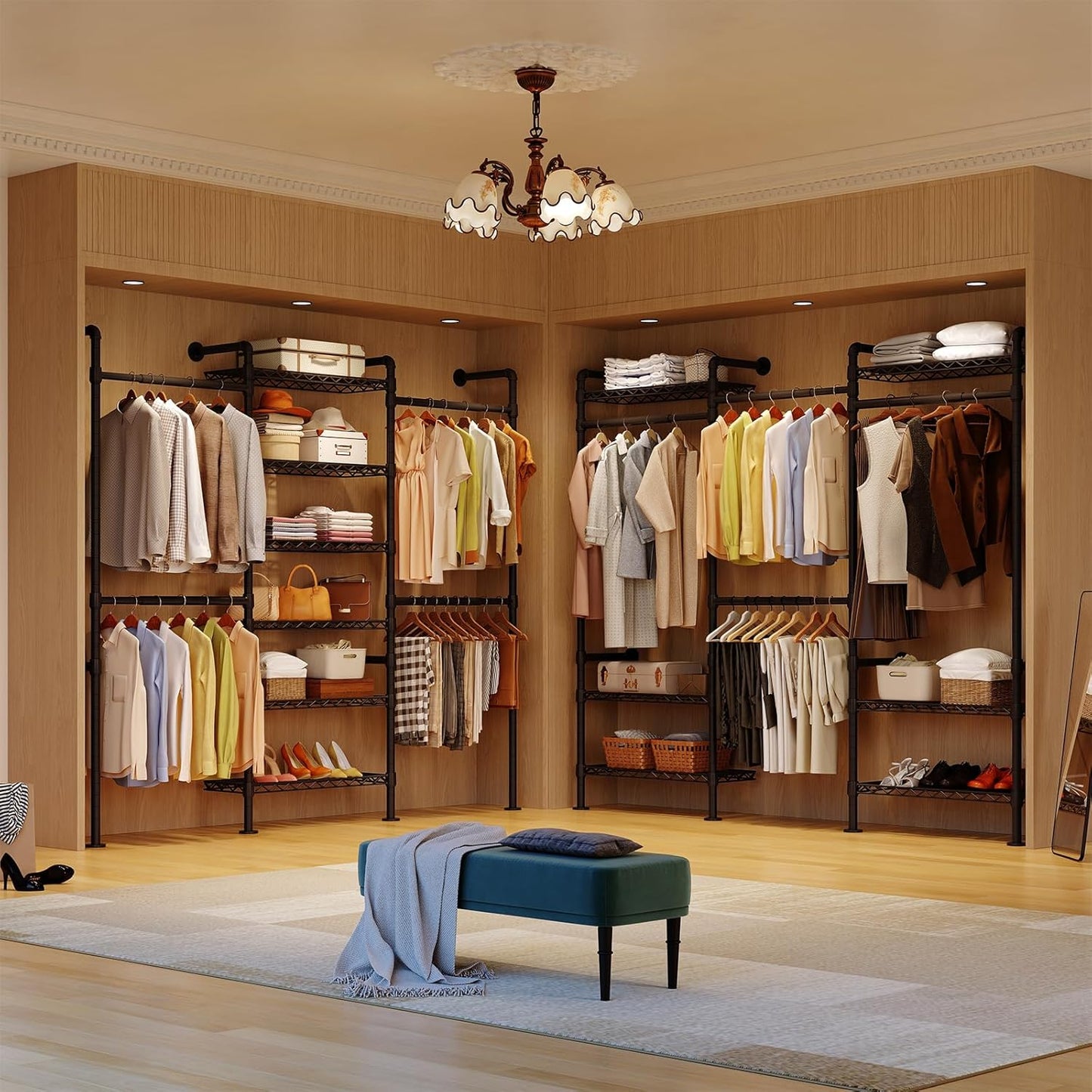 ONBRILL H3 Wall Mounted Closet System, Expandable Industrial Pipe Clothes Rack Clothing Rack for Hanging Clothes, Heavy Duty Closet Organizers and Storage in Wardrobe Closet, Black