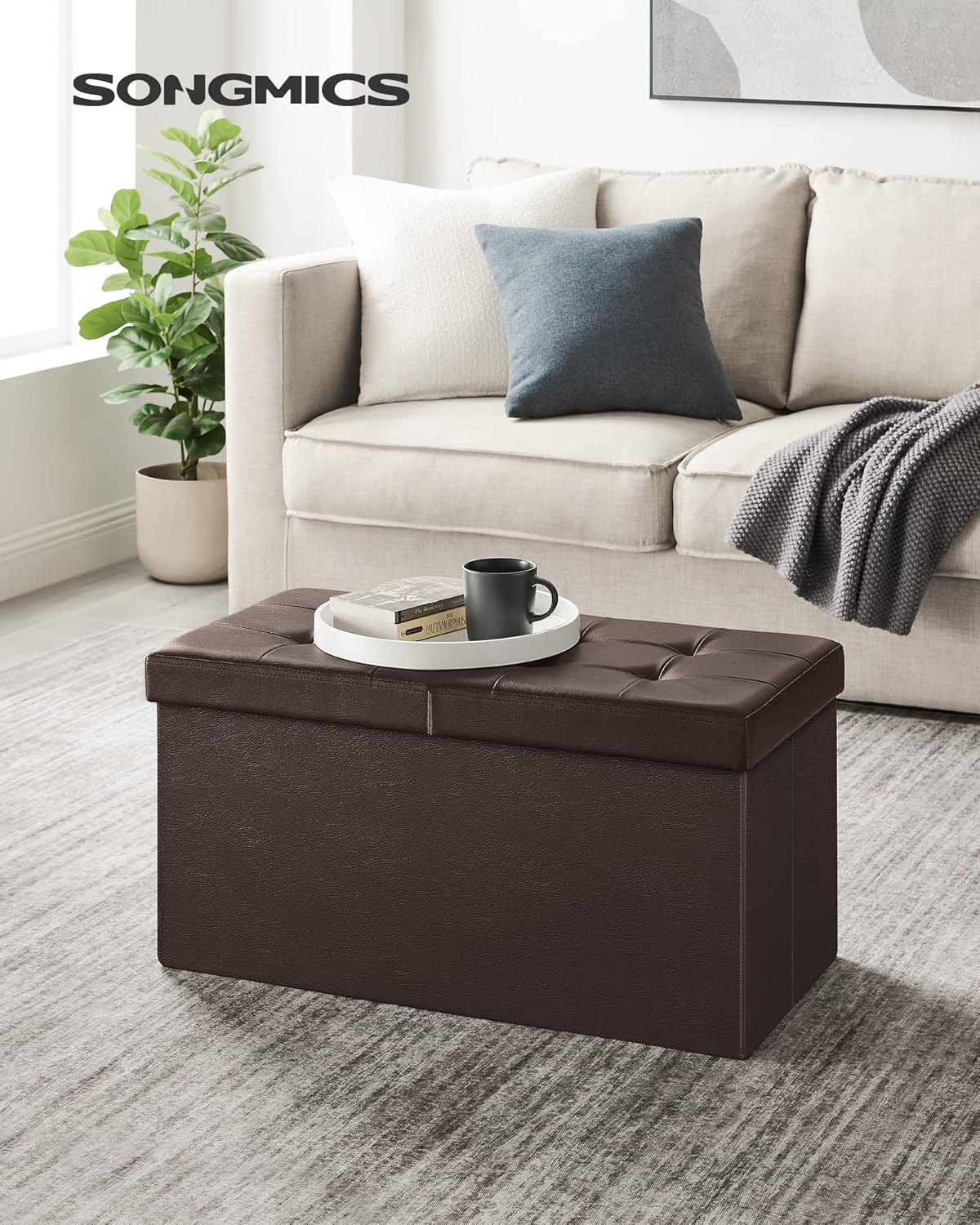 SONGMICS MAZIE Collection - 30 Inches Storage Ottoman Bench with Flipping Lid, Storage Chest Footstool, Load 660 lb, for Entryway, Living Room, Bedroom, Synthetic Leather, Brown ULSF45BR