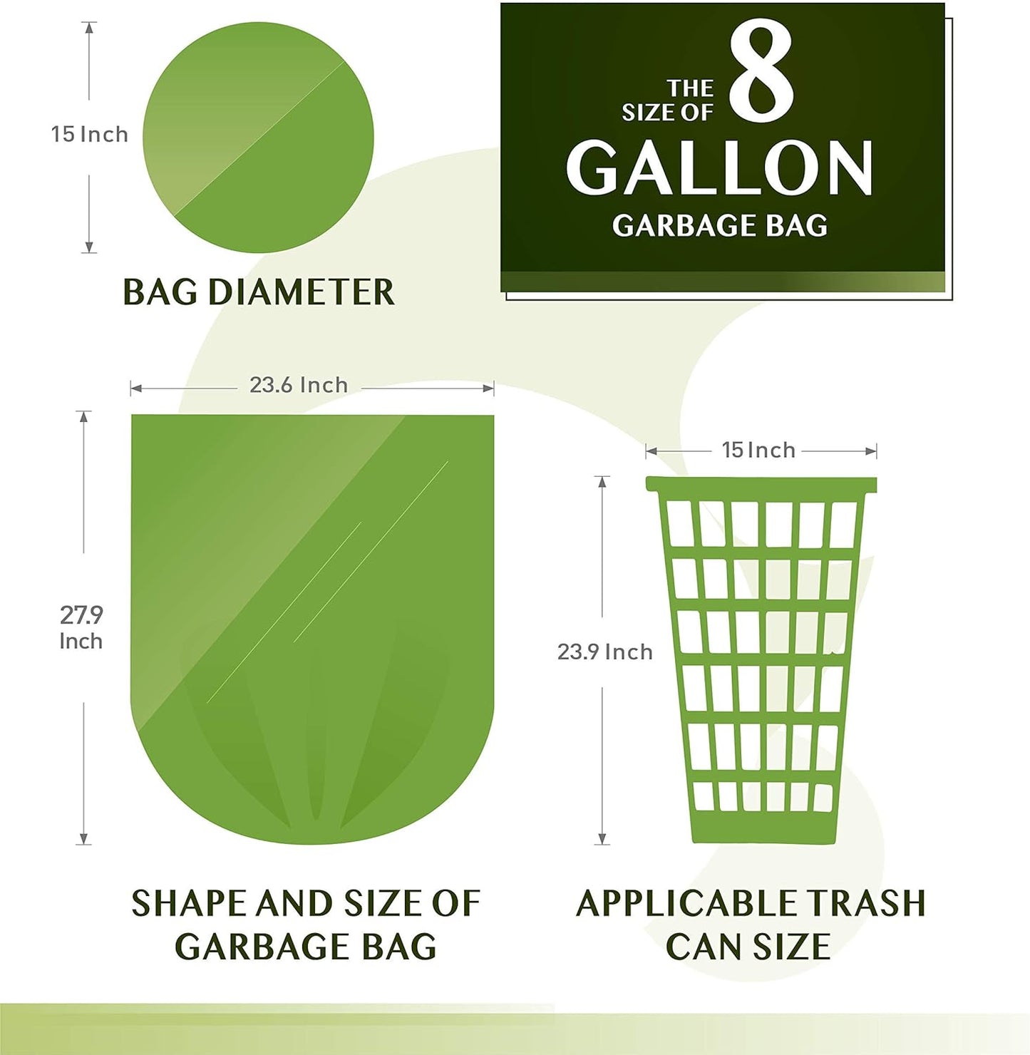 Compostable Trash Bags - FORID 8 Gallon Garbage Bags 150 Count Trash Can Liners 30 Liter Unscented Medium Wastebasket Bags for Kitchen Bathroom Home Office Garbage Can (5Rolls/Green) - Durable & Thick