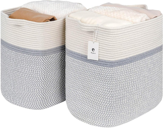 Storage Baskets for Clothes Fabric Cotton Rope Storage Basket with Handles, Decorative Woven Basket for Living Room,Closet Organizer Blankets, and 2bags (White/Gray, L14×W11×H14)