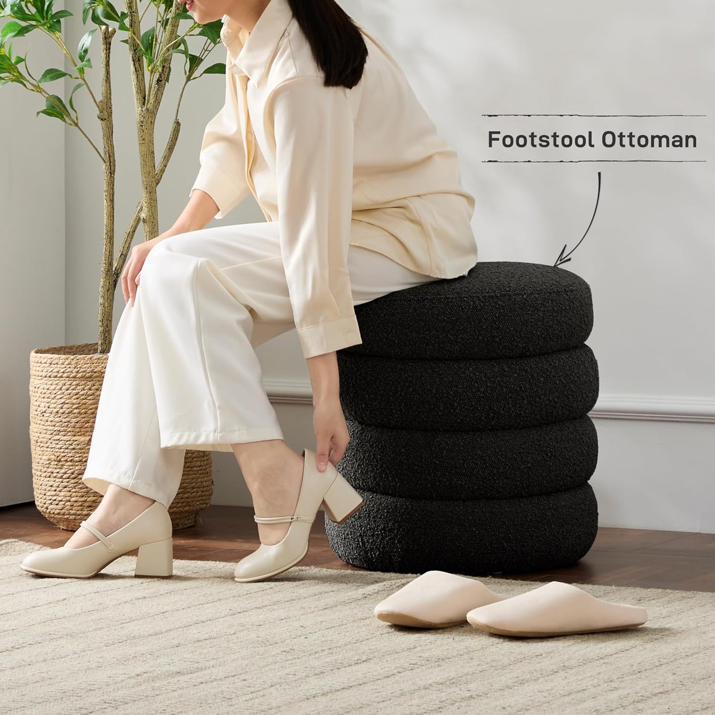 Round Ottoman with Storage Boucle Ottoman Stool with Storage Removable Lid for Living Room Modern Vanity Sorage Stool Foot Rest Bedroom Dorm Gift Set of 1 (Black)