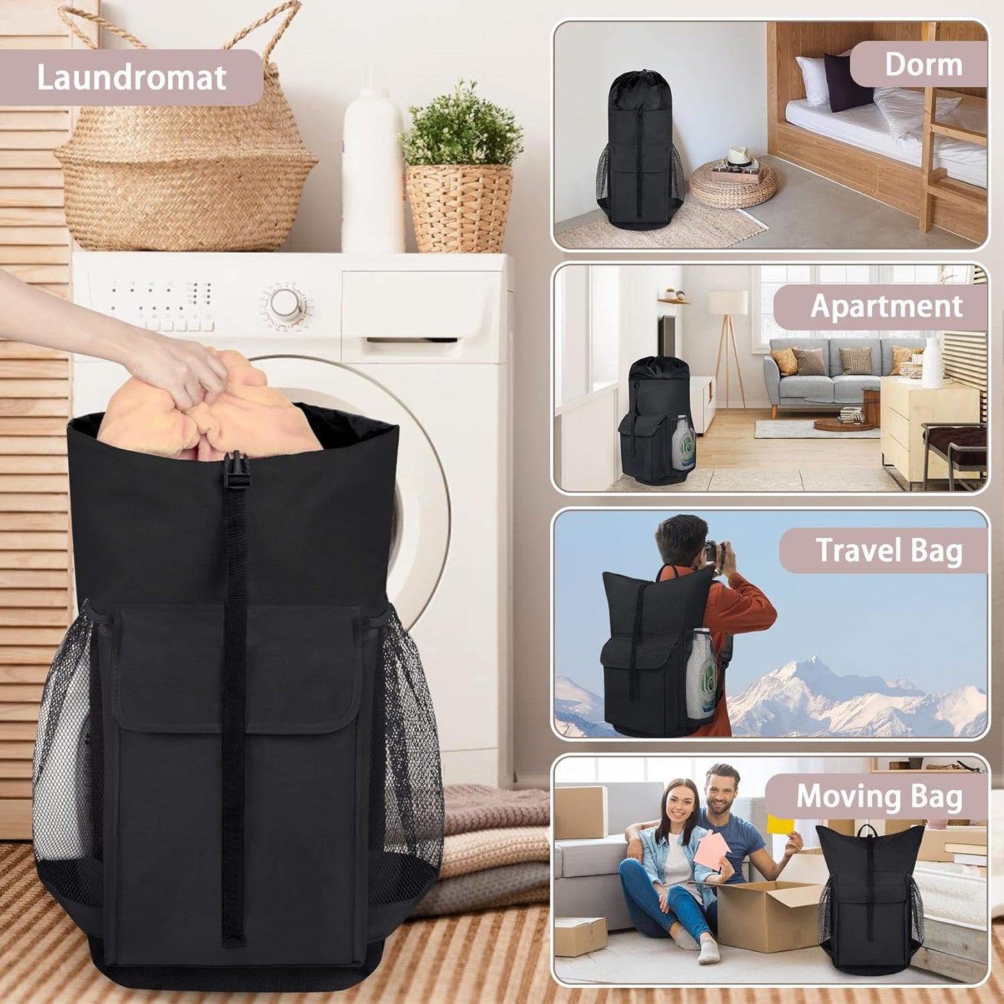 Laundry Backpack Bag, 132L Extra Large Heavy Duty Laundry Backpack for College Dorm Essentials, Laundry Hamper Travel Bag with Shoulder Straps and Mesh Wash Bags for Laundromat, Apartment Black