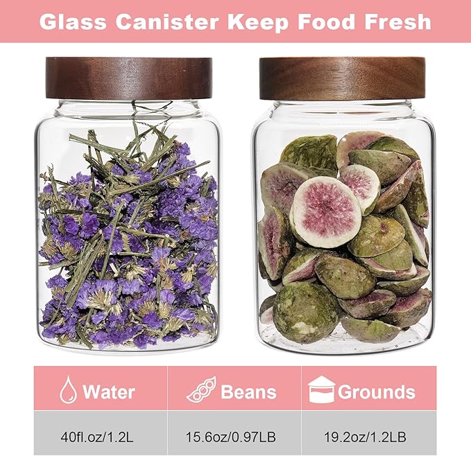 Glass Coffee Jars Spice Jar Round Storage Canister with Wooden Lid Clear Glass Food Jar for Pantry Sugar Tea Coffee Bean Spice Nuts Cookies Bath Salts (1200ml/40oz-2pack-A)
