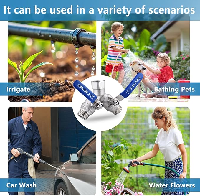 304 Stainless Steel Garden Hose Splitter 2 Way Heavy Duty, Full Flow Y Valve Water Hose Splitter With Long Handle, Lead-free，3/4" GHT Thread