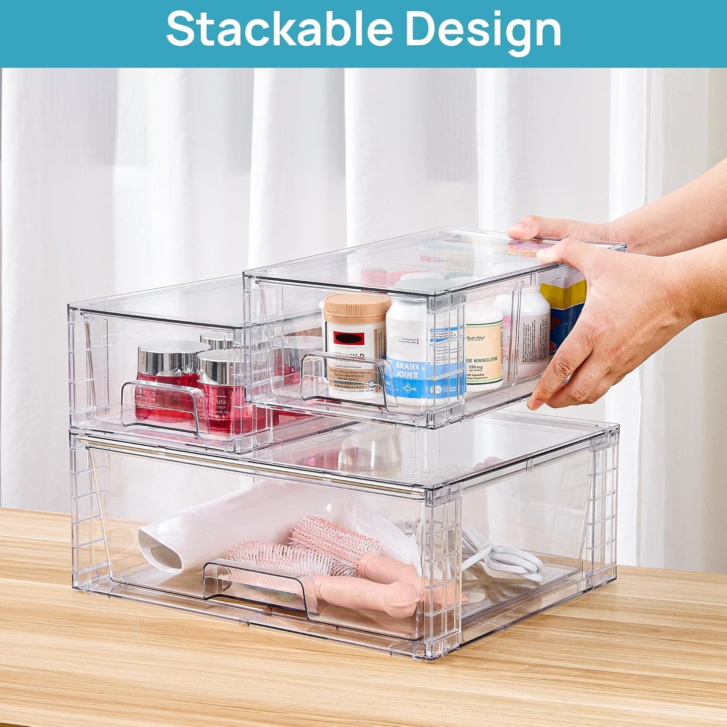 Vtopmart 3 Pack Stackable Storage Drawers, Easily Assemble Acrylic Bathroom Undersink Organizers,Clear Plastic Storage Bins for Closet,Cabinet,Pantry,Medicine Organization