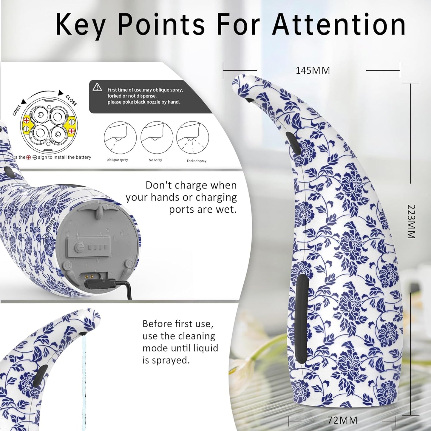 Adjustable Automatic Soap Dispenser Touchless, 4 Adjustable Levels Touchless Sensor Liquid Soap Pump Dispenser，300ml Rechargeable Magnetic Charging Hand Soap Dispenser for Kitchen，Bathroom