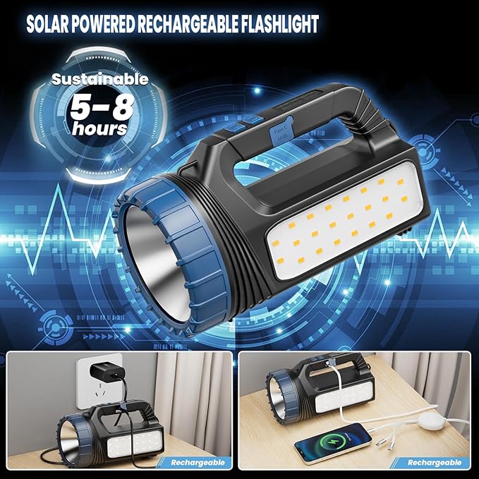 Solar Flashlight，Solar Powered Flashlight for Multi Function 8000 Lumens with Emergency，Portable Bright Camping Rechargeable Flashlights for Home, Outdoor Hiking, Power Outages