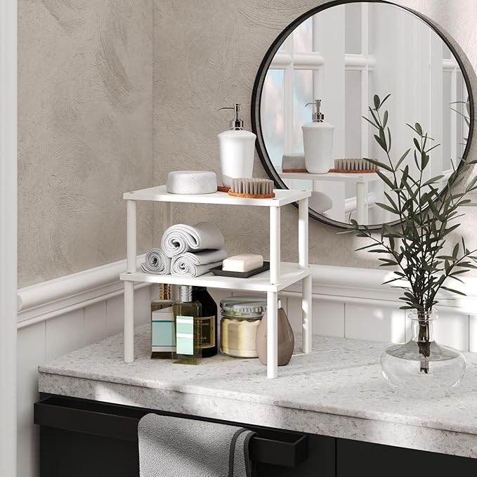 Cabinet Organizer Shelf(Set of 2),Kitchen Counter Shelves,Bamboo Spice Rack Countertop and Cabinet,Stackable Expandable,Medium,(White)