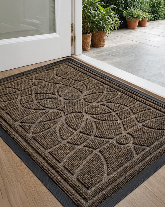 DEXI Front Door Mat Outside Entrance, Heavy Duty Non Slip Low Profile Doormat for Entryway, Trap Dirt and Moisture Welcome Mats, Easy Clean, Patio, Garage, 3x2, Brown