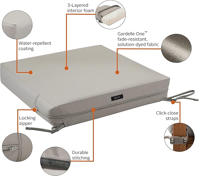 Classic Accessories Ravenna Water-Resistant Patio Lounge Chair/Loveseat Cushion, 25 x 27 x 5 Inch, Mushroom, rectangle Outdoor Seat Cushion