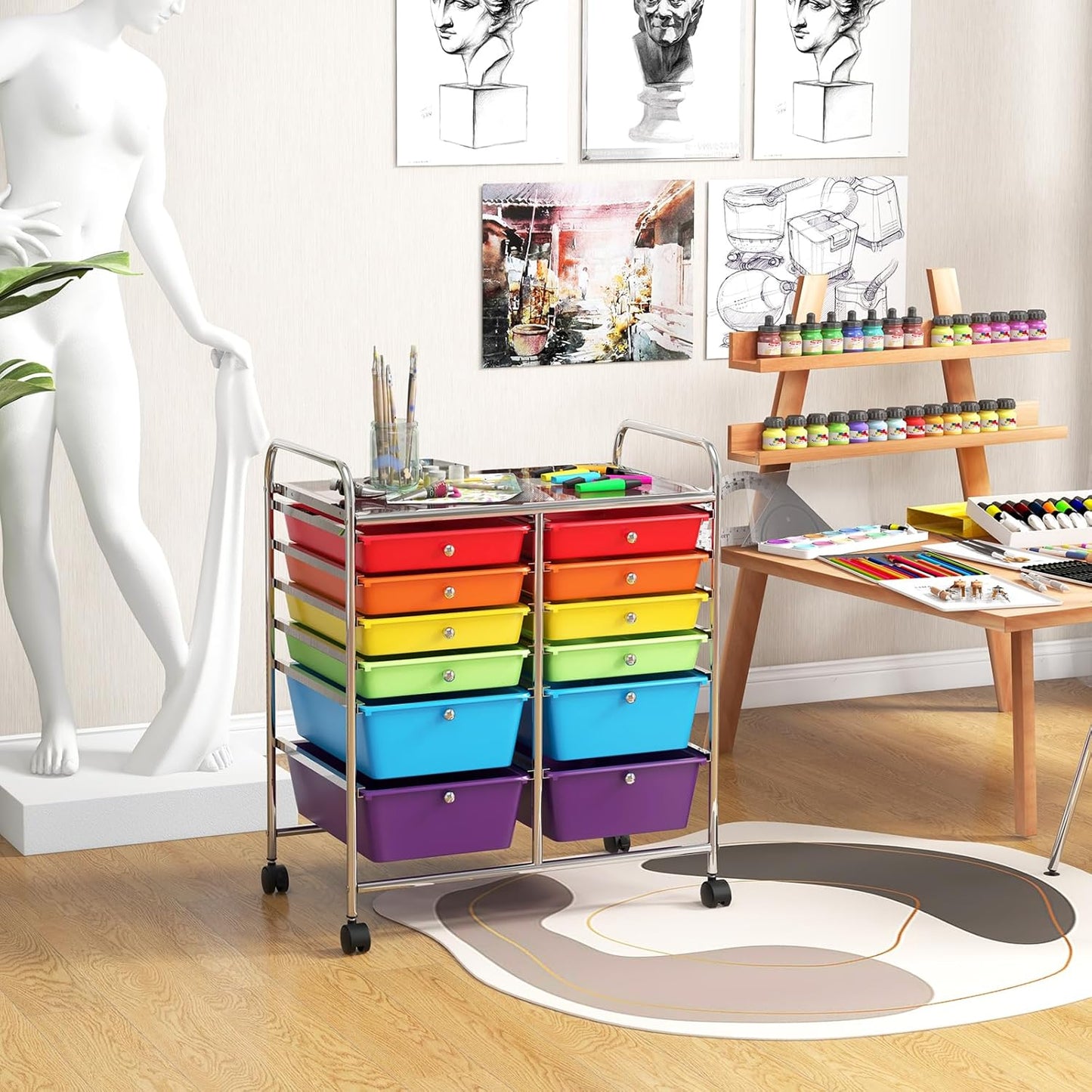 GOFLAME 12-Drawer Rolling Storage Cart, Multipurpose Organizer Cart with 2 Sizes Plastic Drawers, Mobile Utility Cart with Lockable Casters for School, Home Office, Beauty Salon, Multicolored