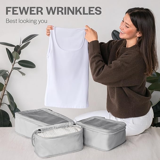 Compression Packing Cubes for Travel - Luggage Organizer Bags - Double Zipper Packing Cubes for Suitcases (2-Pack, Light Grey)